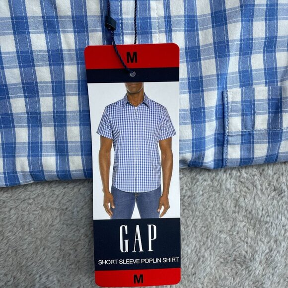 NEW Gap Men's M Short Sleeve Poplin Button up Shirt Blue & White Checkered - Picture 5 of 7